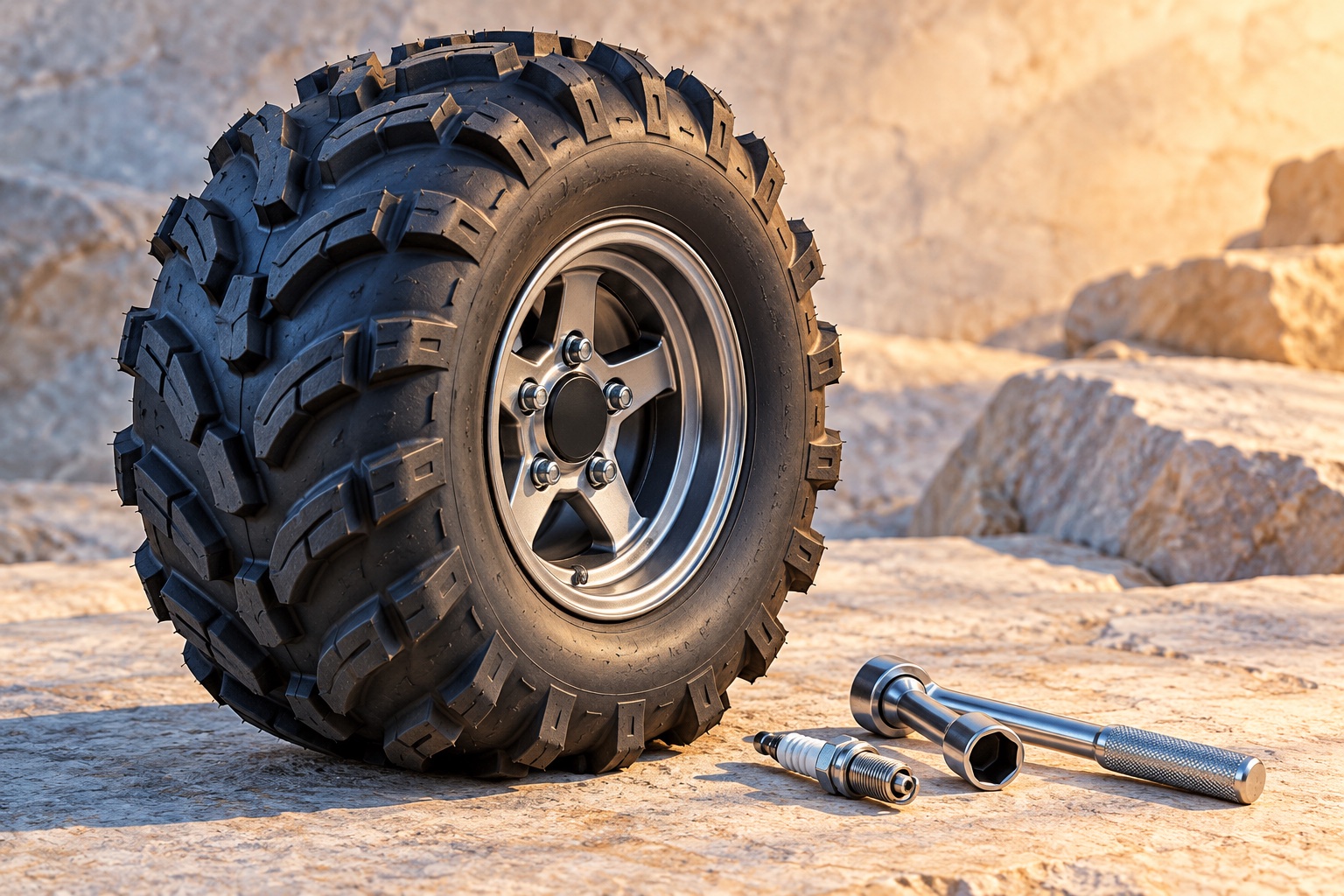 Illustrative still life of an off-road tire, spark plug and socket wrench